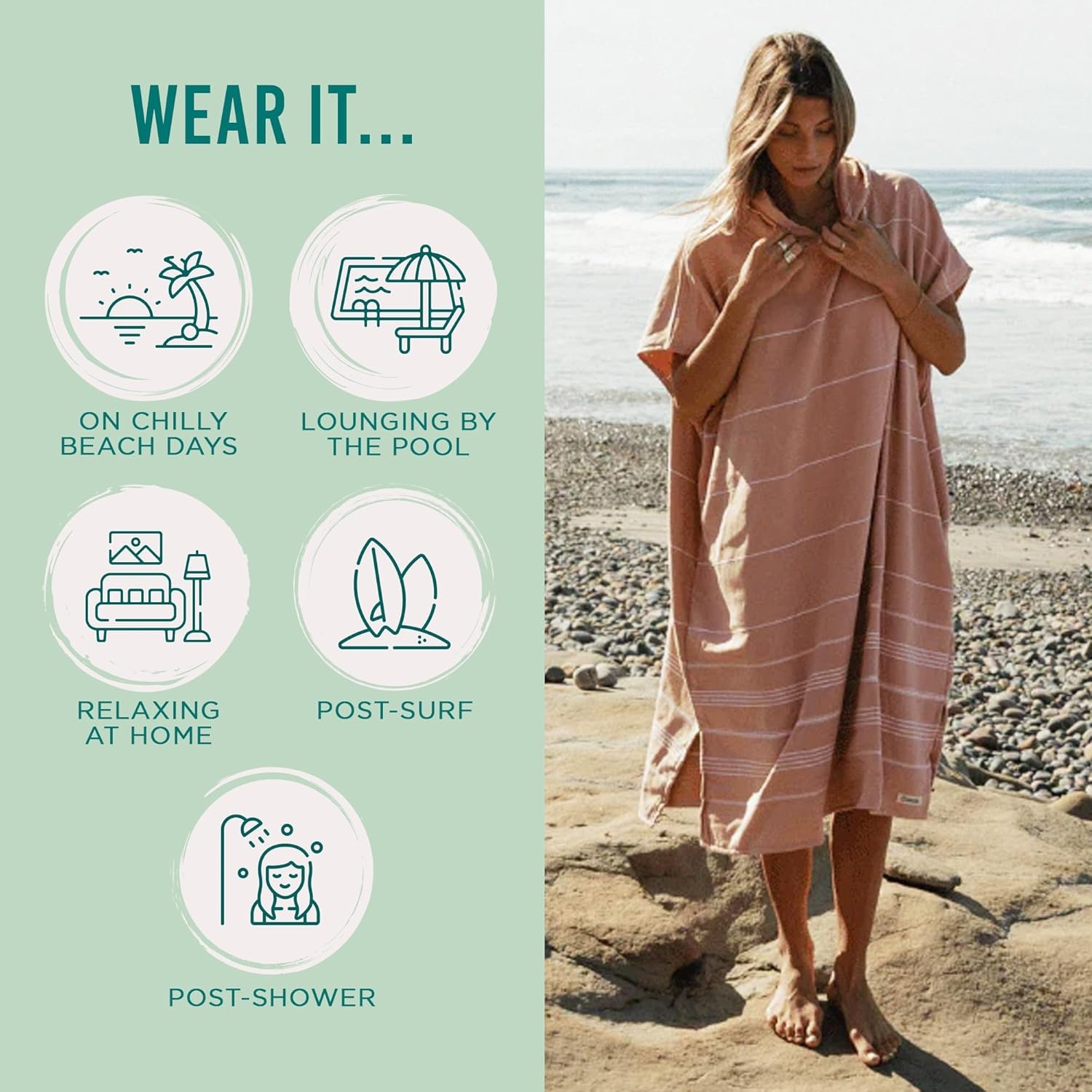 image:imageSand Cloud Beach Cover Up for Women Bathing Suit amp Swimsuit CoverUp Womens Poncho with Comfortable Fit for Post SwimClassic Stripe Hooded Misty Rose