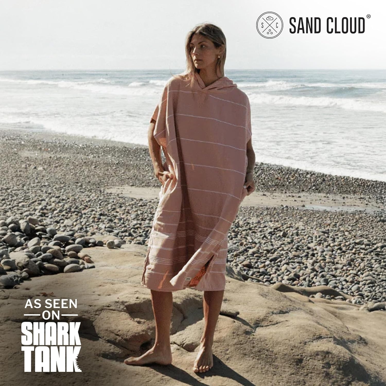 image:imageSand Cloud Beach Cover Up for Women Bathing Suit amp Swimsuit CoverUp Womens Poncho with Comfortable Fit for Post SwimClassic Stripe Hooded Misty Rose