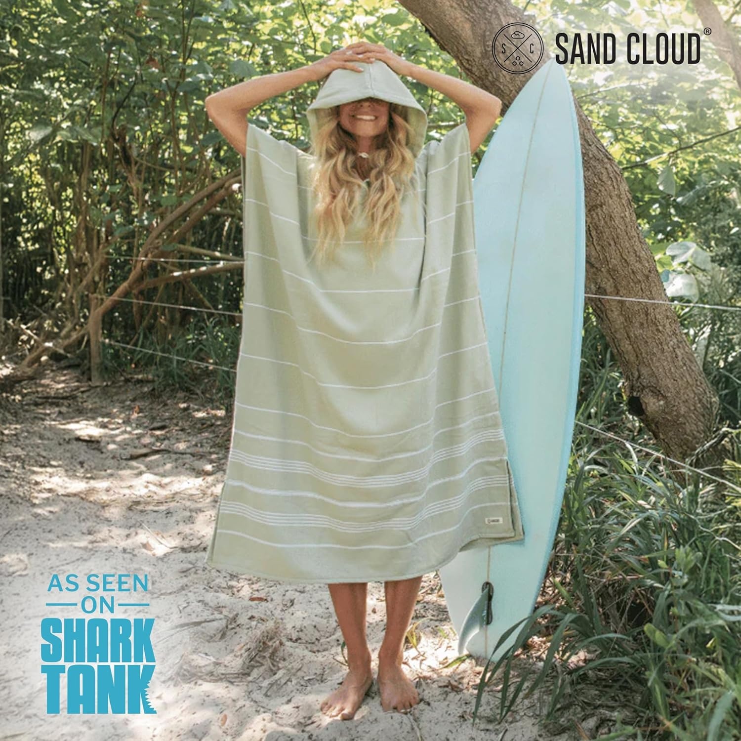 image:imageSand Cloud Beach Cover Up for Women Bathing Suit amp Swimsuit CoverUp Womens Poncho with Comfortable Fit for Post SwimClassic Stripe Hooded Poncho Celadon Green