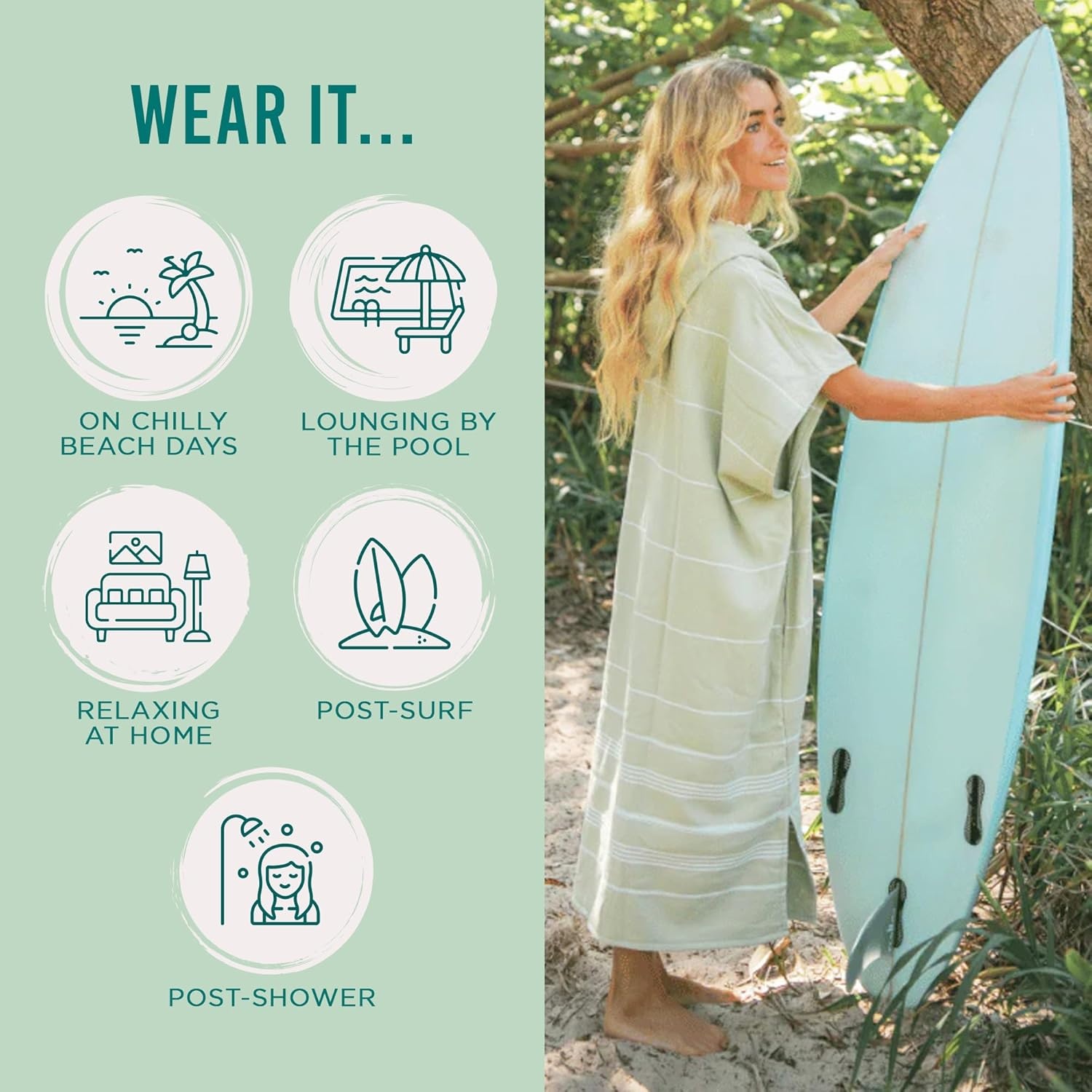 image:imageSand Cloud Beach Cover Up for Women Bathing Suit amp Swimsuit CoverUp Womens Poncho with Comfortable Fit for Post SwimClassic Stripe Hooded Poncho Celadon Green