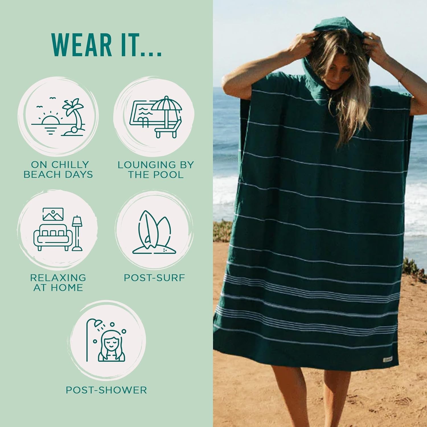 image:imageSand Cloud Beach Cover Up for Women Bathing Suit amp Swimsuit CoverUp Womens Poncho with Comfortable Fit for Post SwimClassic Stripe Hooded Poncho Rain Forest