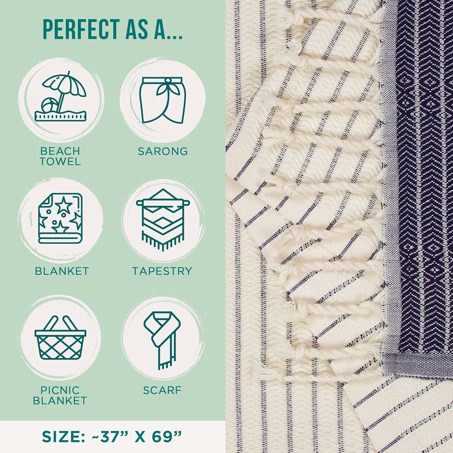 image:imageSand Cloud Beach Towel Sand Resistant 100 Organic Turkish Cotton Yarn Quick Dry Towel for Beach Picnic Blanket or Bath As Seen on Shark Tank Natu BlueLetoon Navy