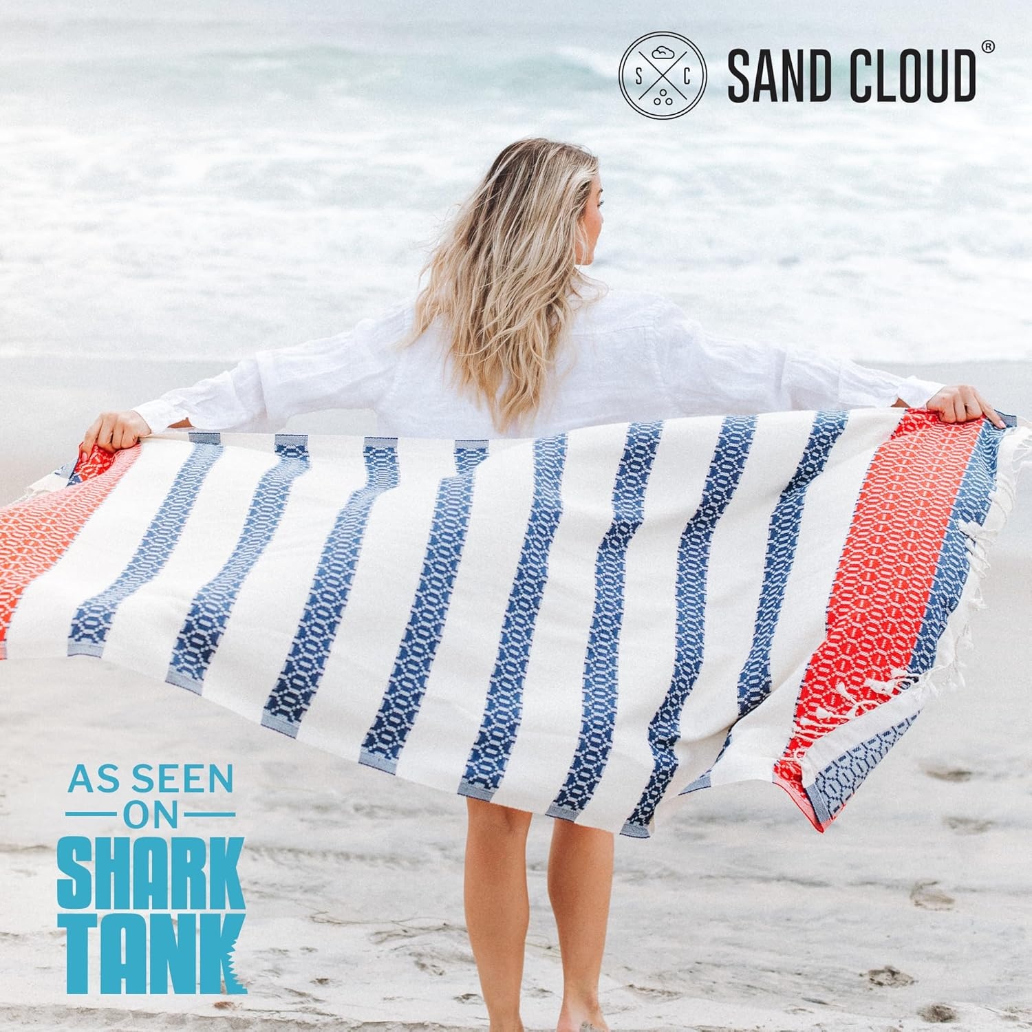 image:imageSand Cloud Beach Towel Sand Resistant 100 Organic Turkish Cotton Yarn Quick Dry Towel for Beach Picnic Blanket or Bath As Seen on Shark Tank Stars amp Stripes Red White amp BluePatriot Stripe