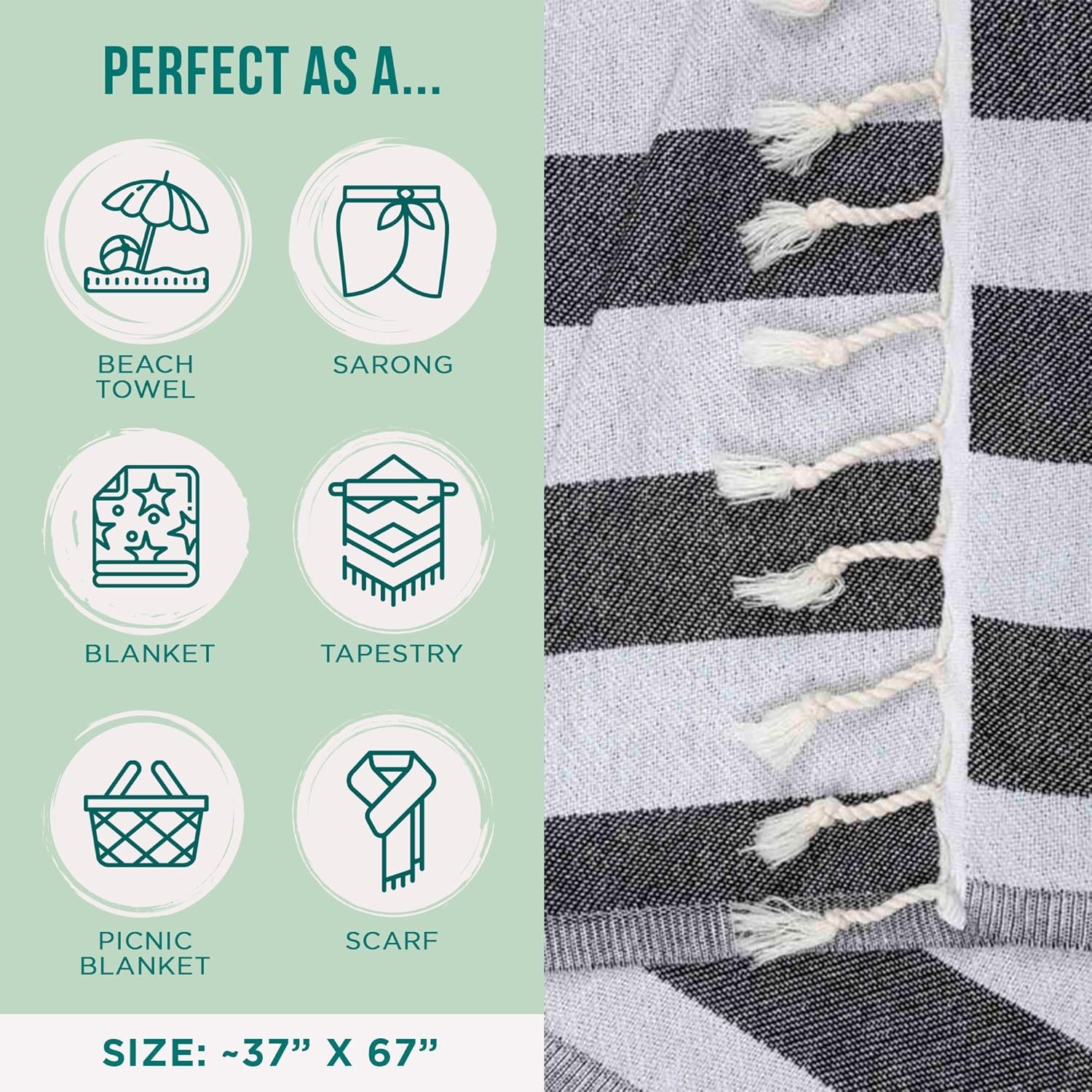image:imageSand Cloud Turkish Beach Towel 100 Organic Cotton Turkish Bath Towels Ultra Soft Sand Resistant amp Quick Dry Towel for Beach Pool or Picnic Blanket As Seen on Shark Tank Stripe BlackBlack