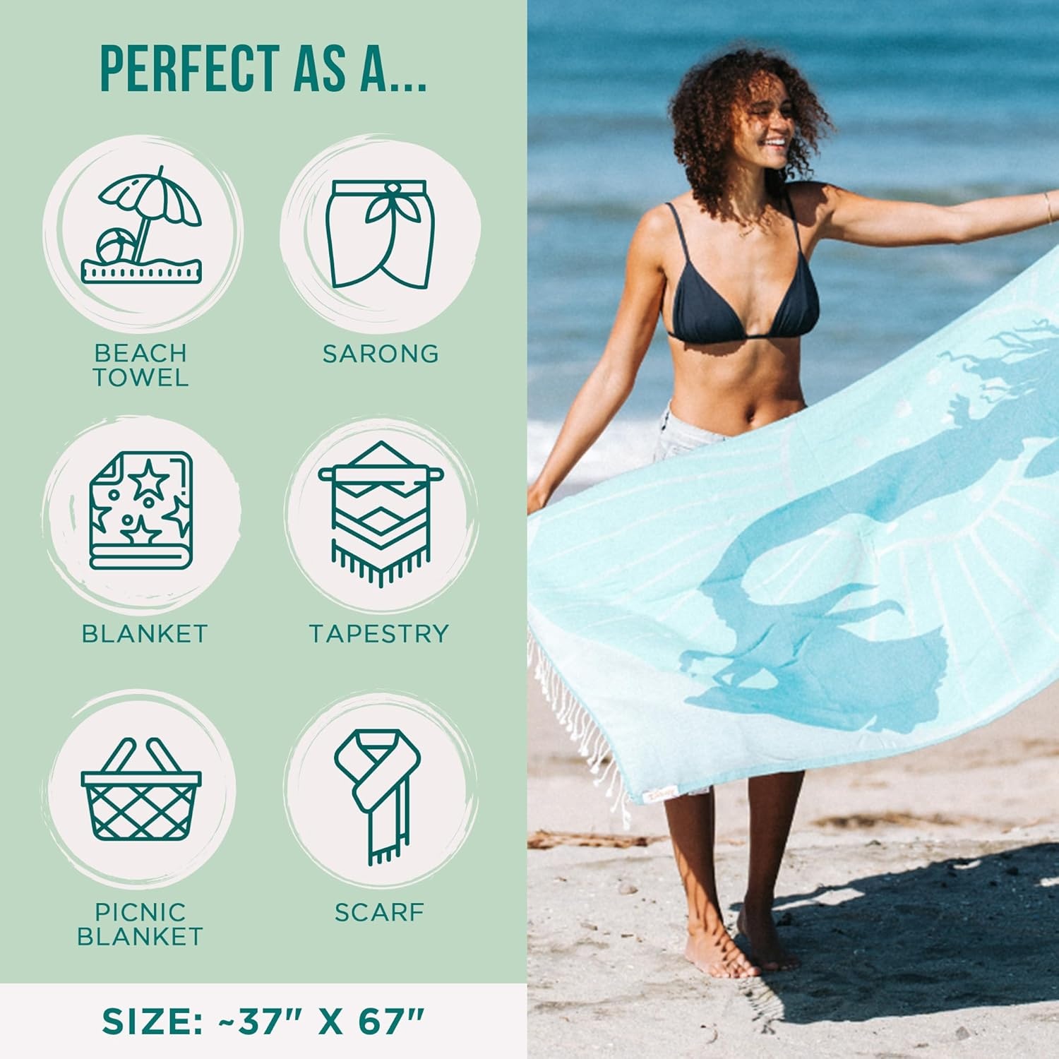 image:imageSand Cloud Turkish Beach Towel Disney Live Action Mermaid Sand Resistant 100 Certified Organic Turkish Cotton Yarn Quick Dry Towel for Beach Picnic Blanket or Bath As Seen on Shark TankDisney Live Action Ariel