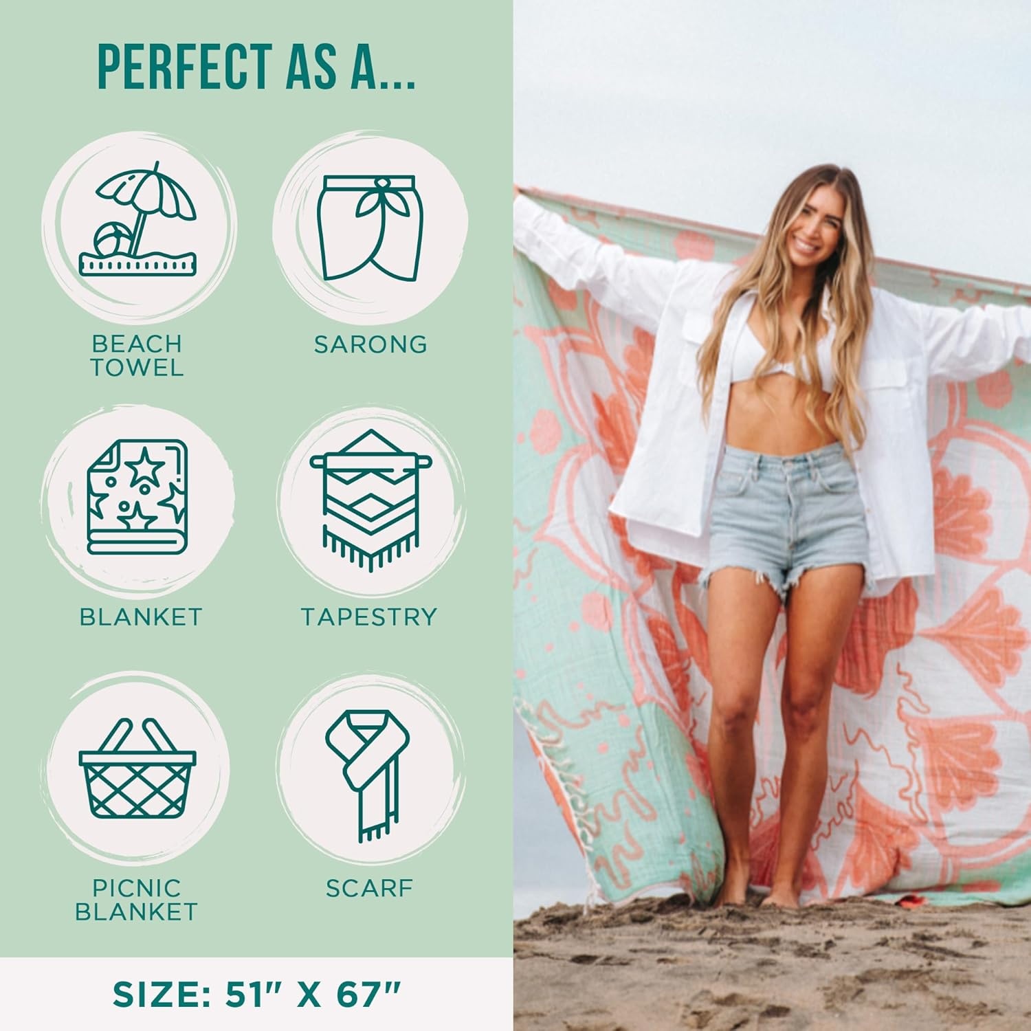 image:imageSand Cloud Turkish Beach Towel Disney Live Action Mermaid Sand Resistant 100 Certified Organic Turkish Cotton Yarn Quick Dry Towel for Beach Picnic Blanket or Bath As Seen on Shark TankDisney Boho Mermaid XL