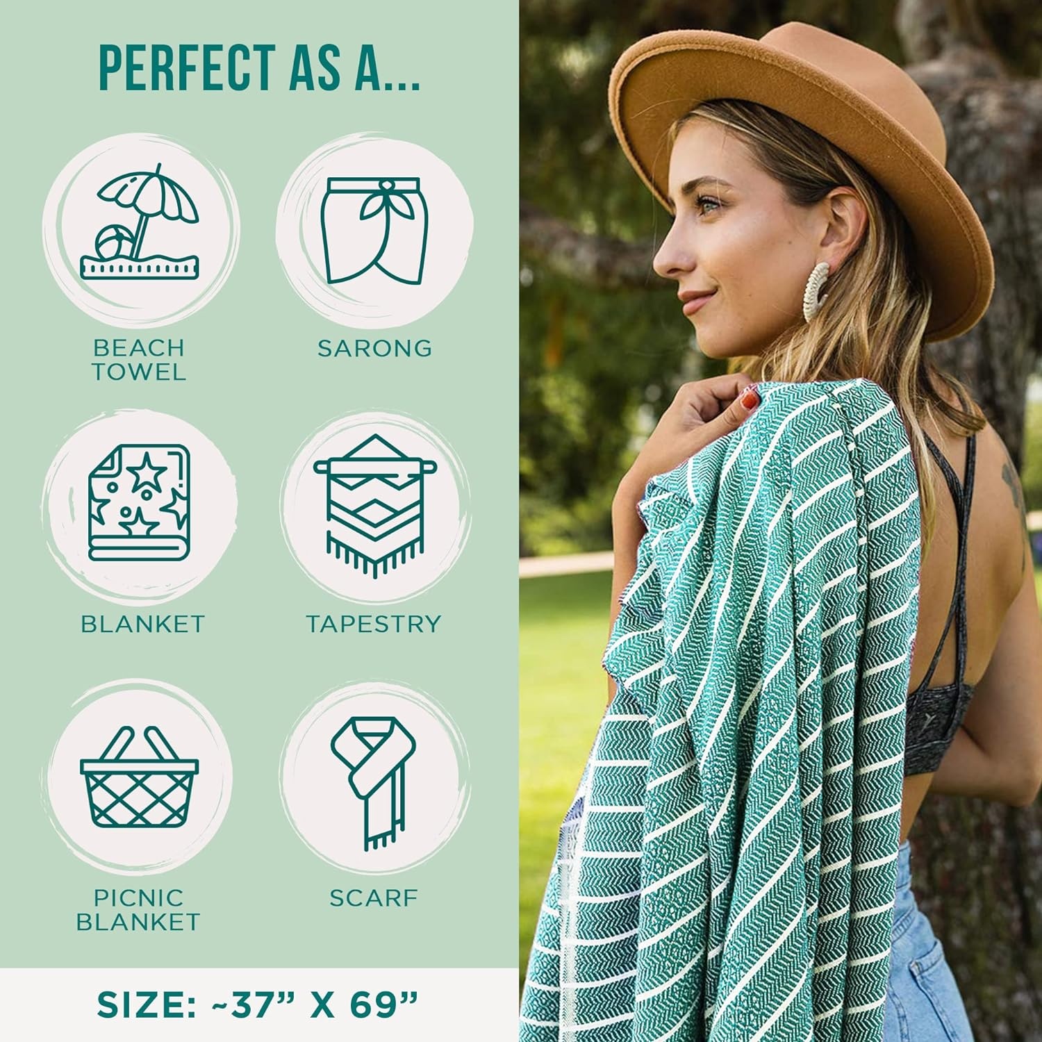 image:imageSand Cloud Turkish Beach Towel Sand Resistant 100 Certified Organic Turkish Towel Quick Dry Towel for Beach Picnic Blanket or Bath Towel As Seen on Shark Tank Gocek DenimMint