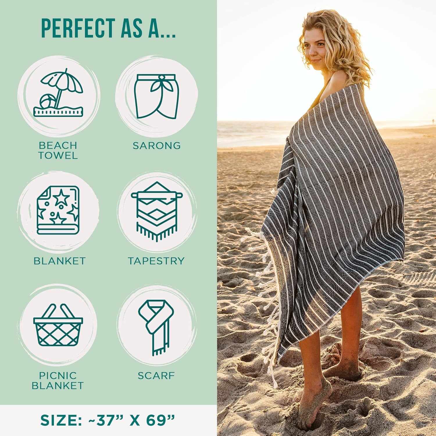image:imageSand Cloud Turkish Beach Towel Sand Resistant 100 Certified Organic Turkish Towel Quick Dry Towel for Beach Picnic Blanket or Bath Towel As Seen on Shark Tank Gocek DenimBlack