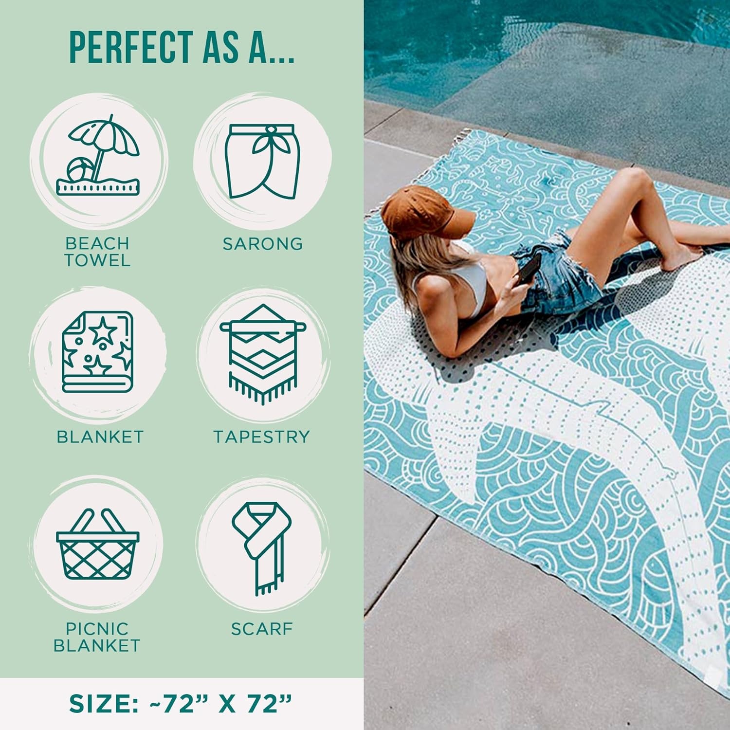 image:imageSand Cloud Turkish Beach Towel Sand Resistant 100 Organic Turkish Cotton Yarn Quick Dry Towel for Beach Picnic Blanket or Bath As Seen on Shark Tank Marine Life Emperor PenguinWhale Shark Turquoise