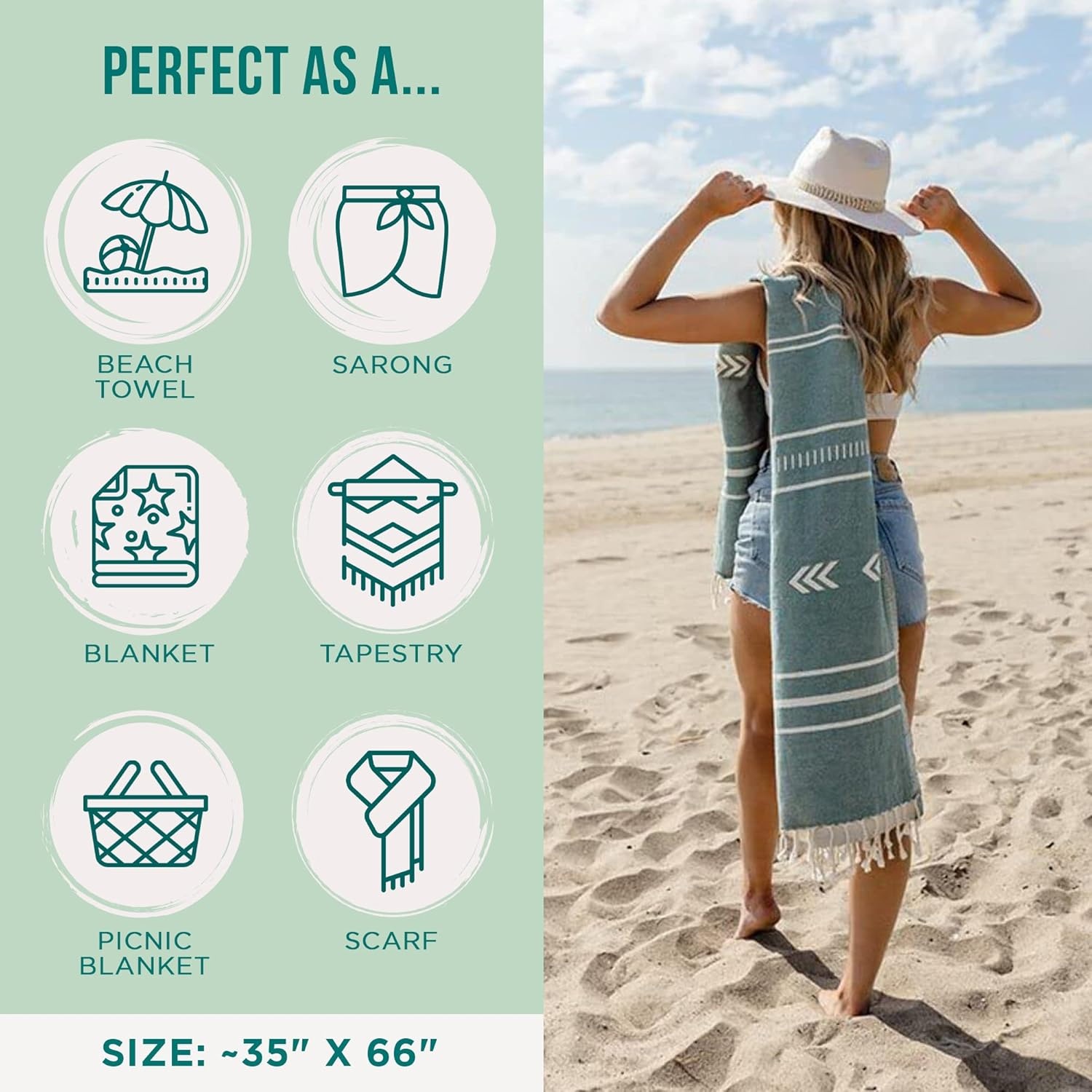 image:imageSand Cloud Turkish Beach Towel Sand Resistant 100 Organic Turkish Cotton Yarn Quick Dry Towel for Beach Picnic Blanket or Throw As Seen on Shark Tank Tie Dye LunaSanta Fe Green