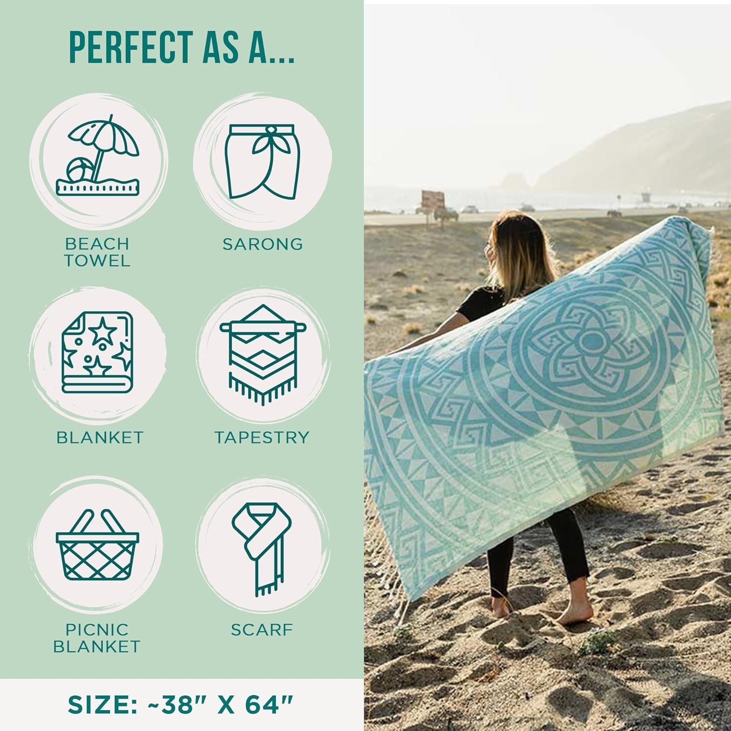 image:imageSand Cloud Turkish Beach Towel Sand Resistant 100 Organic Turkish Cotton Yarn Quick Dry Towel for Beach Picnic Blanket or Throw As Seen on Shark Tank Tie Dye LunaMandala Mint