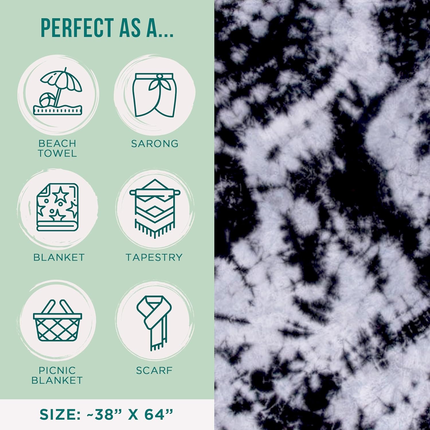 image:imageSand Cloud Turkish Beach Towel Sand Resistant 100 Organic Turkish Cotton Yarn Quick Dry Towel for Beach Picnic Blanket or Throw As Seen on Shark Tank Tie Dye LunaBlack Acid Wash