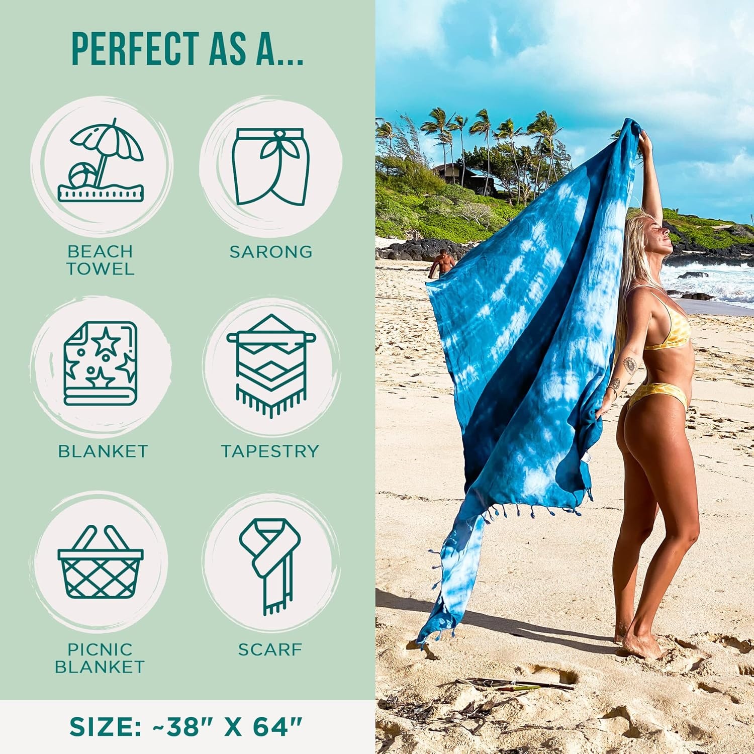 image:imageSand Cloud Turkish Beach Towel Sand Resistant 100 Organic Turkish Cotton Yarn Quick Dry Towel for Beach Picnic Blanket or Throw As Seen on Shark Tank Tie Dye LunaBlue Acid Wash