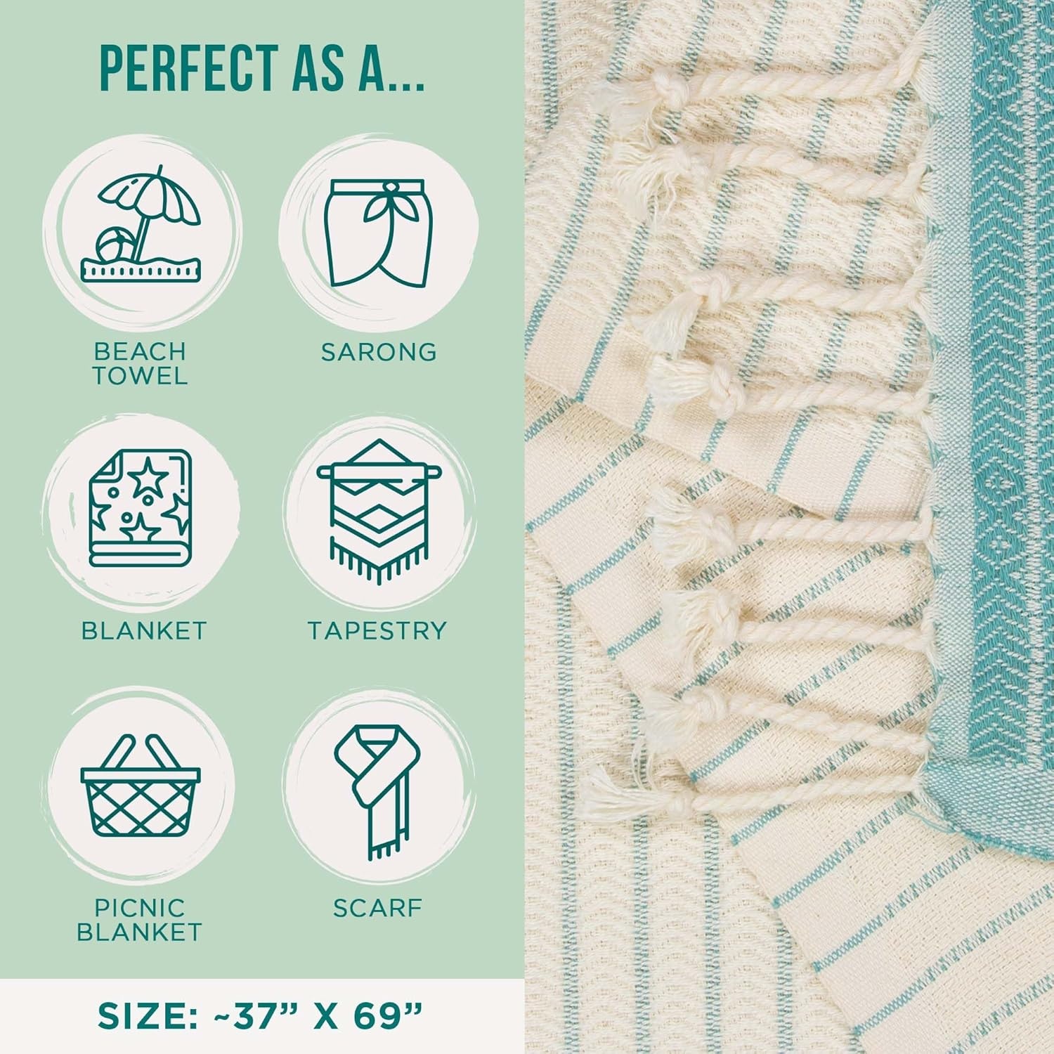 image:imageSand Cloud Turkish Beach Towel Sand Resistant 100 Organic Turkish Cotton Yarn Quick Dry Towel for Beach Picnic Blanket or Throw As Seen on Shark Tank Tie Dye LunaBoho Turquoise