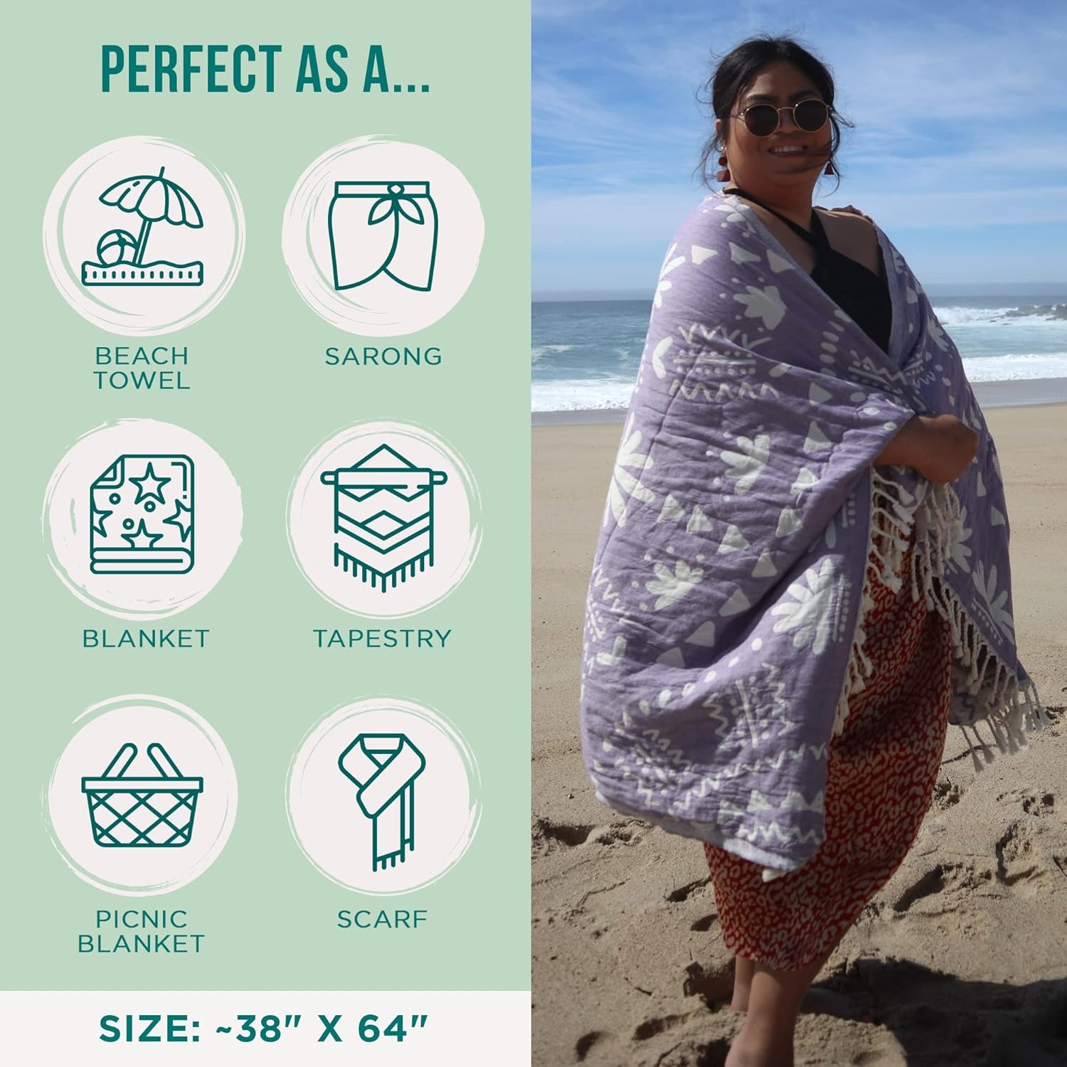 image:imageSand Cloud Turkish Beach Towel Sand Resistant 100 Organic Turkish Cotton Yarn Quick Dry Towel for Beach Picnic Blanket or Throw As Seen on Shark Tank Tie Dye LunaBoho Purple