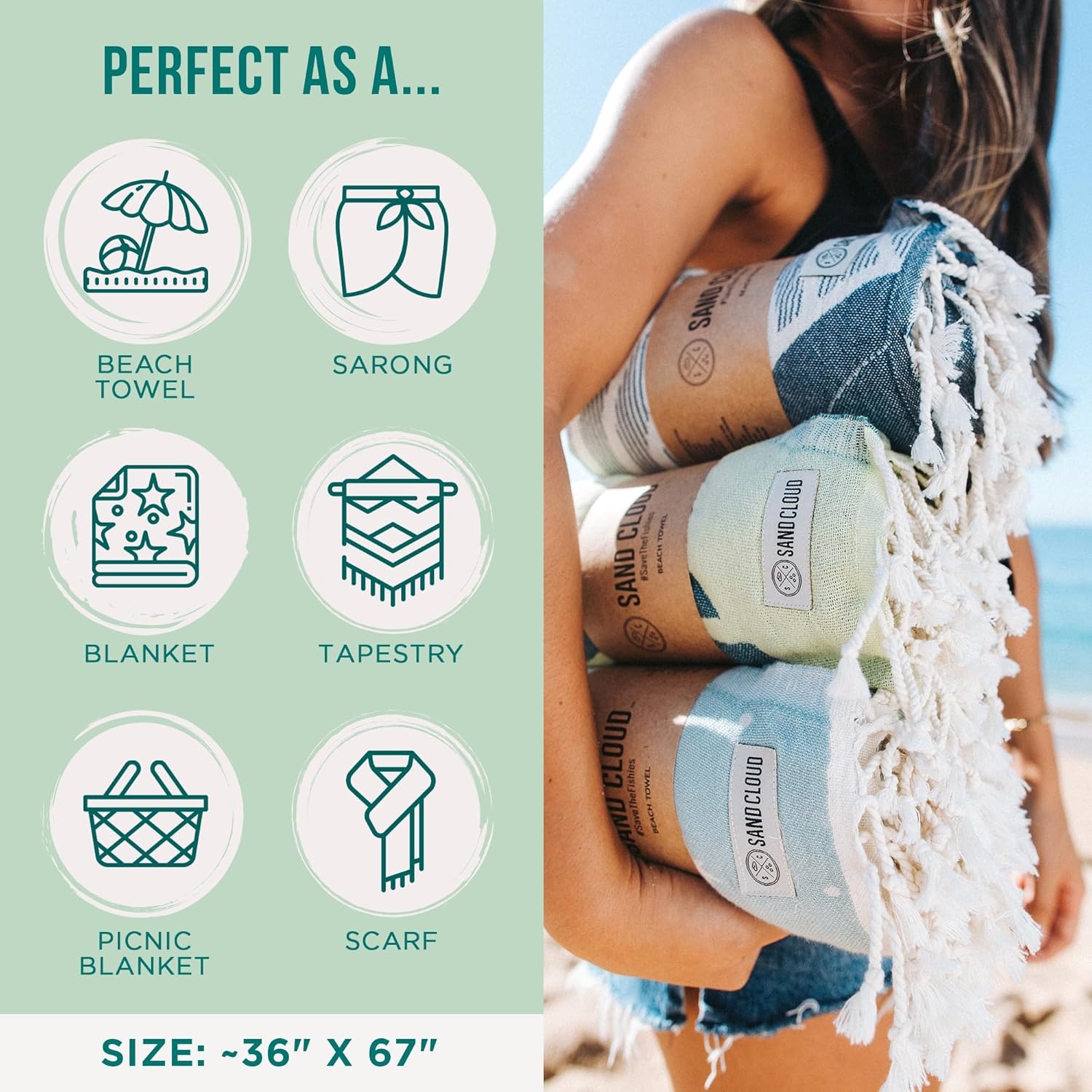 image:imageSand Cloud Turkish Beach Towel 100 Organic Cotton Turkish Bath Towels Ultra Soft Sand Resistant amp Quick Dry Towel for Beach or Pool As Seen on Shark Tank Cali Dobby 4 Pack AssortedDel Mar Bundle