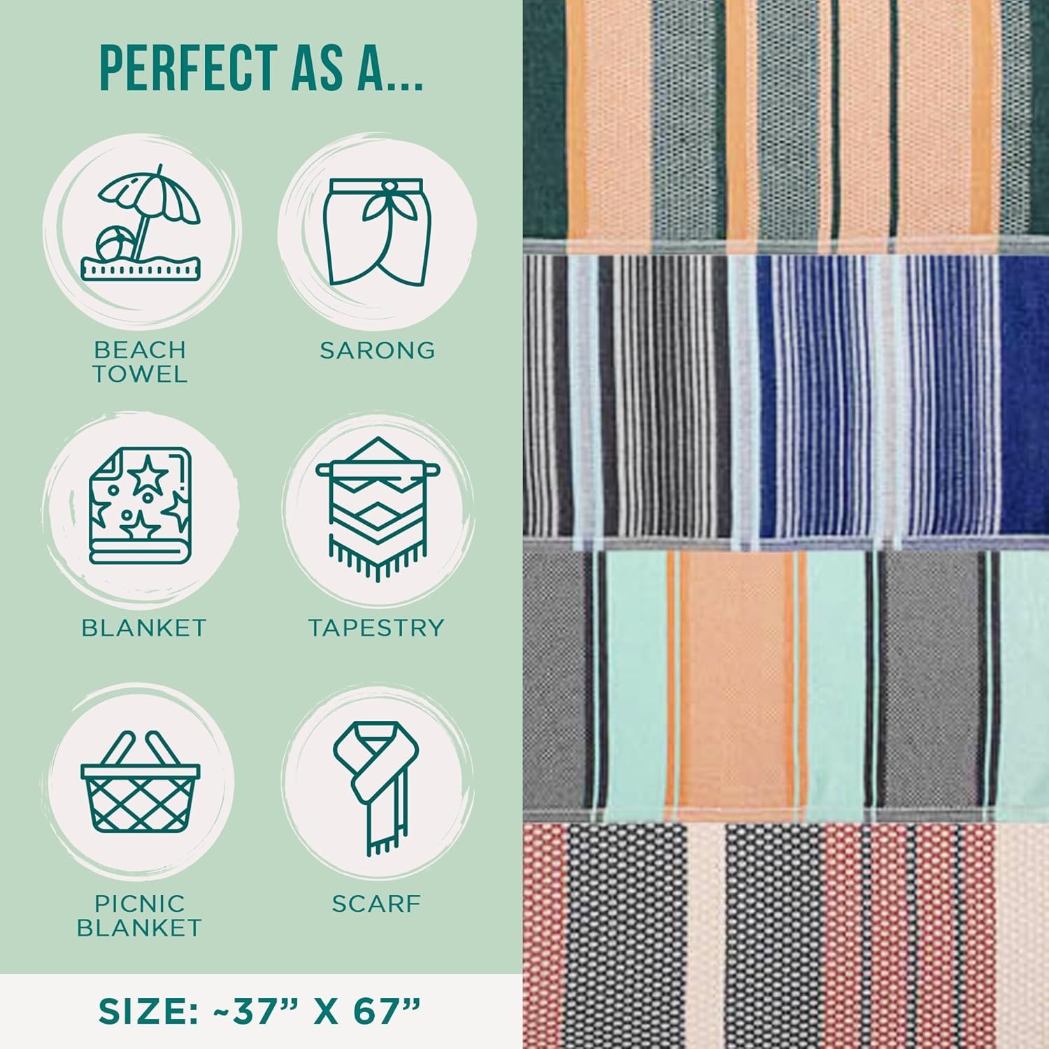 image:imageSand Cloud Turkish Beach Towel 100 Organic Cotton Turkish Bath Towels Ultra Soft Sand Resistant amp Quick Dry Towel for Beach or Pool As Seen on Shark Tank Cali Dobby 4 Pack AssortedCali Dobby Bundle