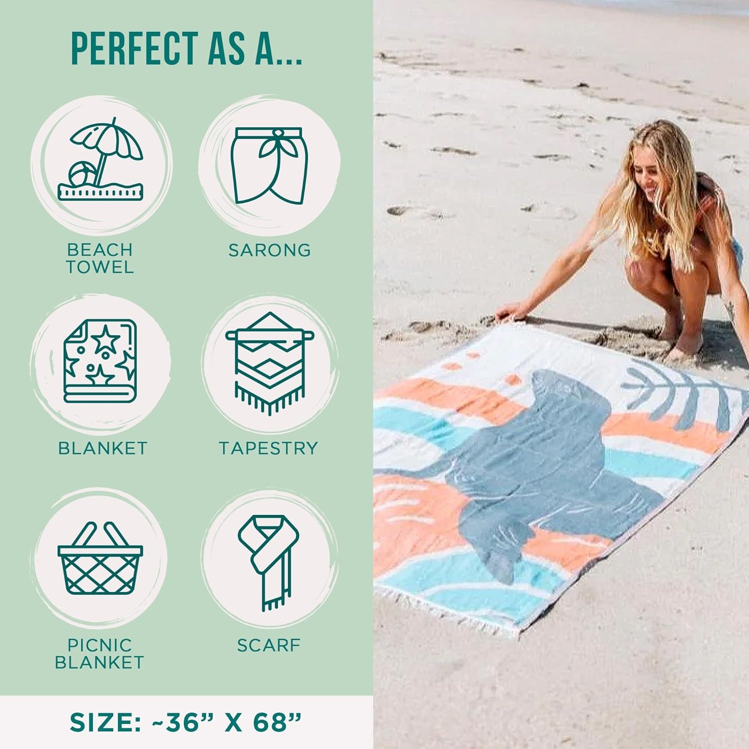 image:imageSand Cloud Turkish Beach Towel Sand Resistant 100 Organic Turkish Cotton Yarn Quick Dry Towel for Beach Picnic Blanket or Bath Towel As Seen on Shark Tank Marine Life Whale SharkFlynn Sea Lion