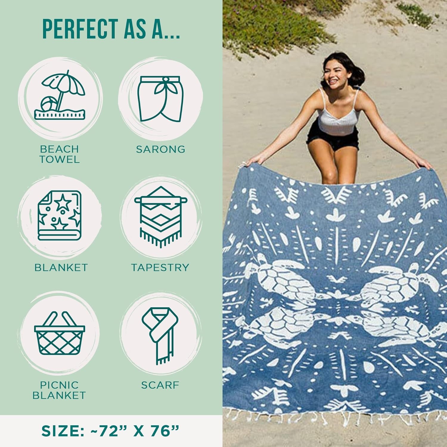 image:imageSand Cloud Turkish Beach Towel Sand Resistant 100 Organic Turkish Cotton Yarn Quick Dry Towel for Beach Picnic Blanket or Bath Towel As Seen on Shark Tank Marine Life Whale SharkPrism Turtles