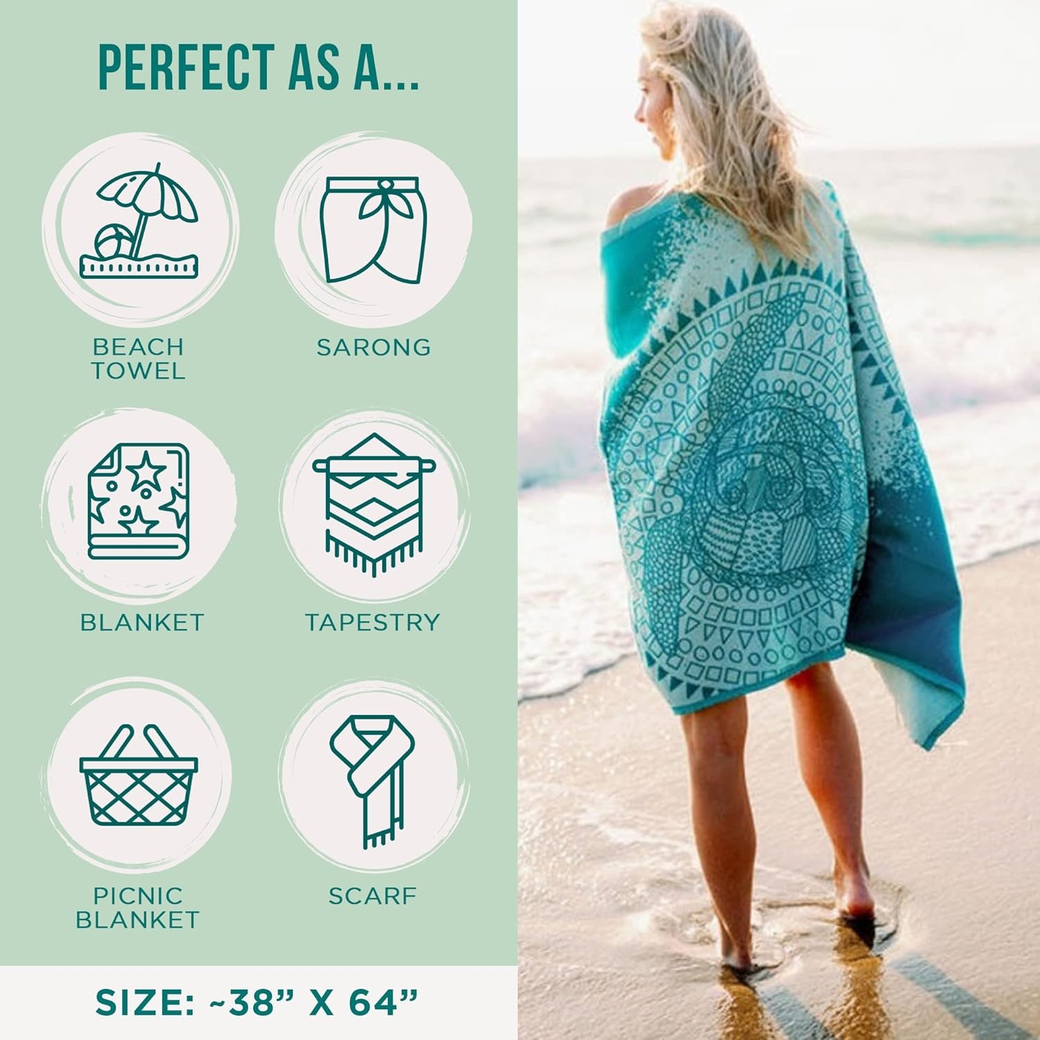 image:imageSand Cloud Turkish Beach Towel Sand Resistant 100 Organic Turkish Cotton Yarn Quick Dry Towel for Beach Picnic Blanket or Bath Towel As Seen on Shark Tank Marine Life Whale SharkMandala Sea Turtle Green