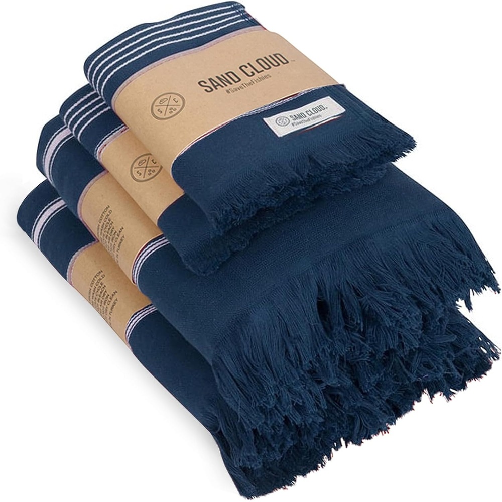 image:imageSand Cloud Turkish Bath Towels Bundle for Bathroom Set of 4 Classic Navy Large Size 100 Certified Organic Cotton Yarn is Lightweight Soft amp Absorbent Premium Bath amp Hand Towels Dry FasterClassic Navy