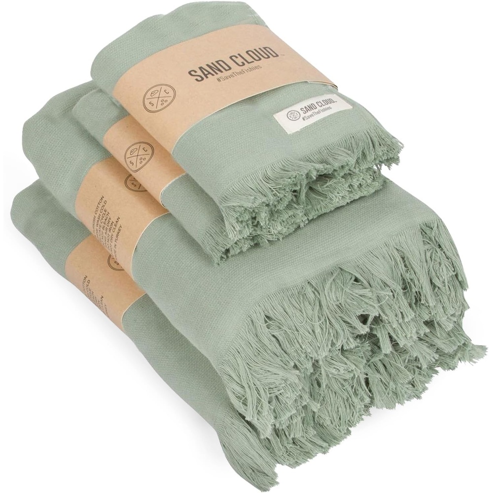 image:imageSand Cloud Turkish Bath Towels Bundle for Bathroom Set of 4 Classic Navy Large Size 100 Certified Organic Cotton Yarn is Lightweight Soft amp Absorbent Premium Bath amp Hand Towels Dry FasterTerra Sage