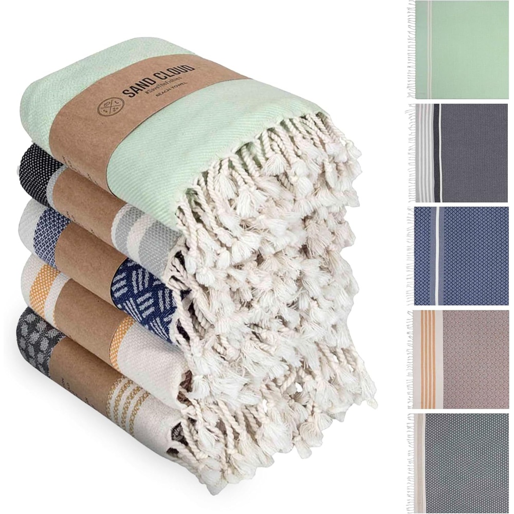 image:imageSand Cloud Turkish Beach Towel 100 Organic Cotton Turkish Bath Towels Ultra Soft Sand Resistant amp Quick Dry Towel for Beach or Pool As Seen on Shark Tank Cali Dobby 4 Pack AssortedDel Mar Bundle